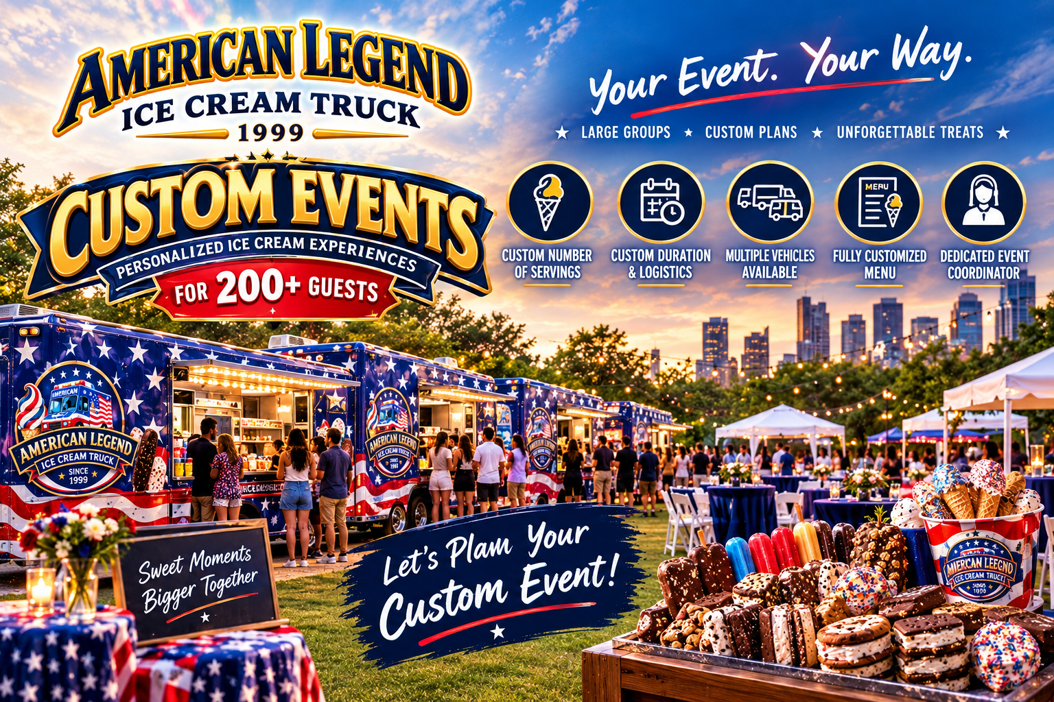 Book a custom Custom Event ice cream truck experience in MA Custom Event - Custom large ice cream truck catering event in New England